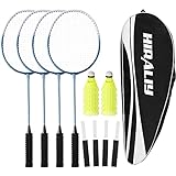 HIRALIY Badmintonschläger 4er-Set, inklusive 4 Badmintonschläger, 12 Nylon-Federbälle, 4 Ersatzgriffbänder und...